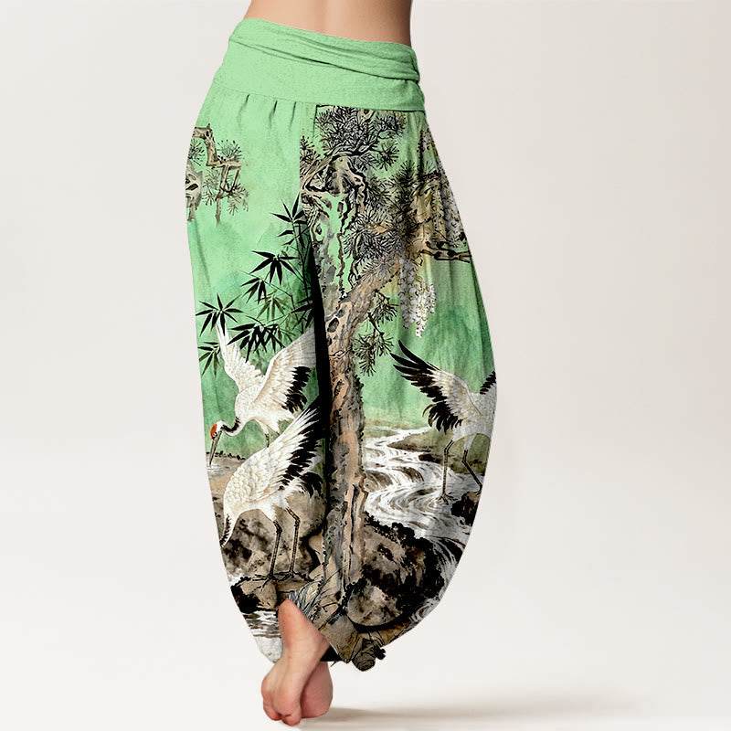 Nimara Ritual Pure Cotton Red-crowned Crane Stream Pattern Women's Elastic Waist Harem Pants