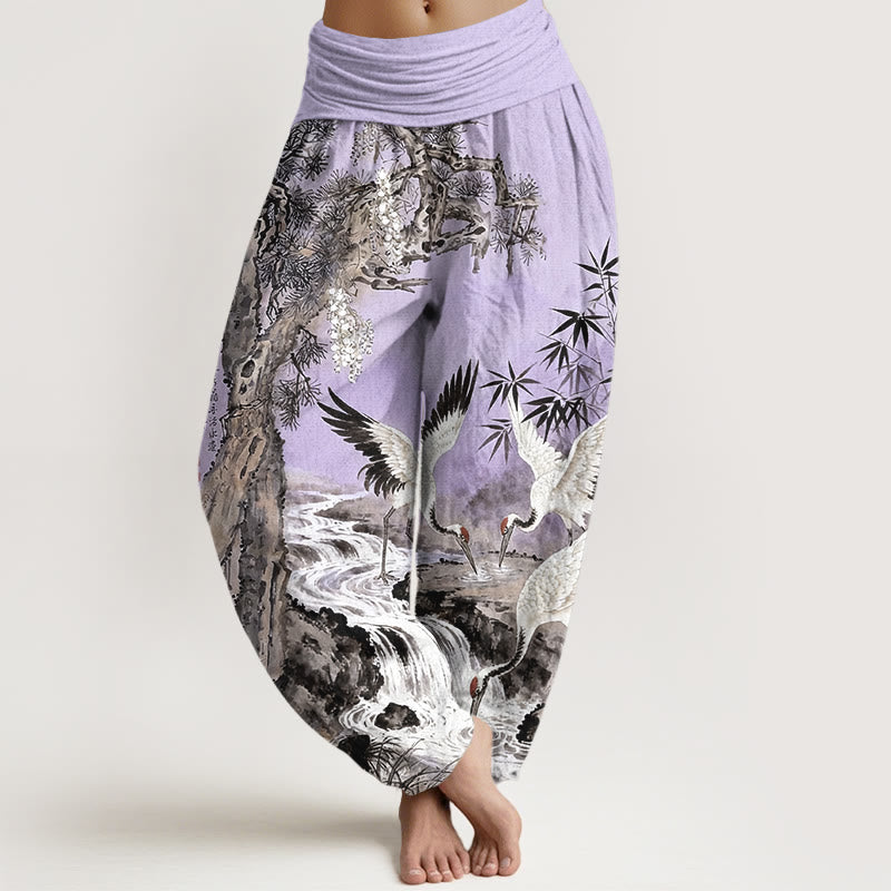 Nimara Ritual Pure Cotton Red-crowned Crane Stream Pattern Women's Elastic Waist Harem Pants