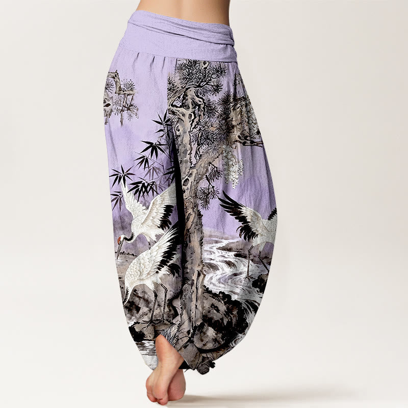Nimara Ritual Pure Cotton Red-crowned Crane Stream Pattern Women's Elastic Waist Harem Pants