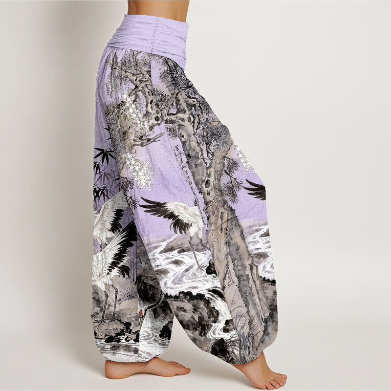 Nimara Ritual Pure Cotton Red-crowned Crane Stream Pattern Women's Elastic Waist Harem Pants