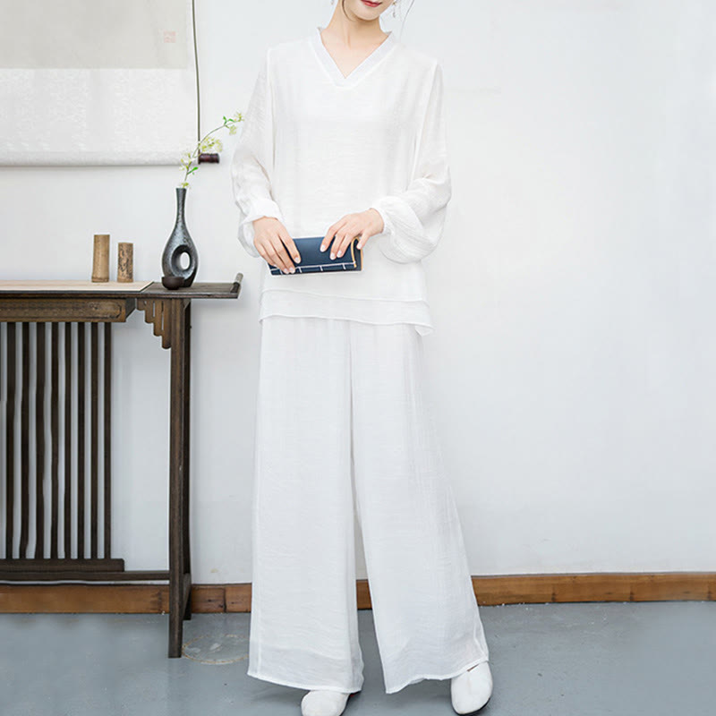 Nimara Ritual 2Pcs White Long Sleeve V-Neck Shirt Wide Leg Pants Meditation Women's Set