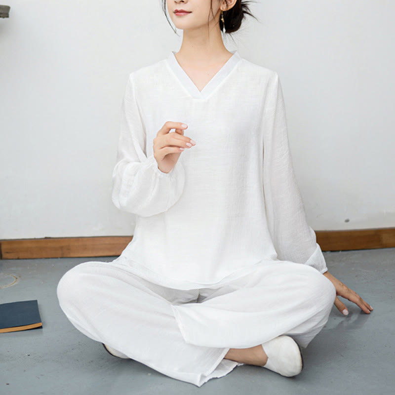 Nimara Ritual 2Pcs White Long Sleeve V-Neck Shirt Wide Leg Pants Meditation Women's Set