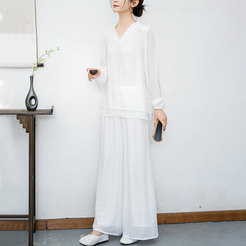 Nimara Ritual 2Pcs White Long Sleeve V-Neck Shirt Wide Leg Pants Meditation Women's Set