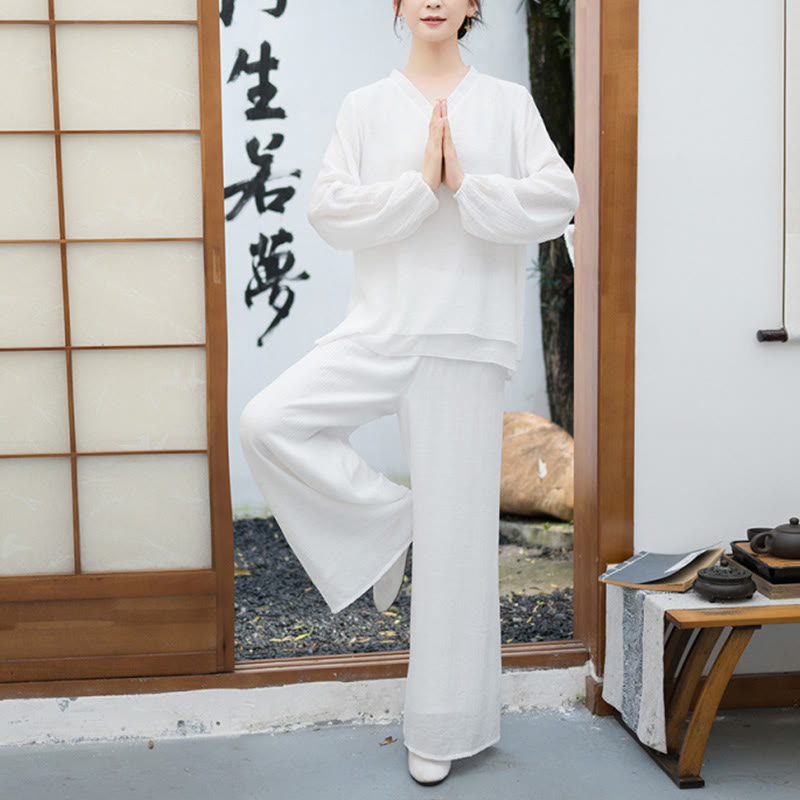 Nimara Ritual 2Pcs White Long Sleeve V-Neck Shirt Wide Leg Pants Meditation Women's Set