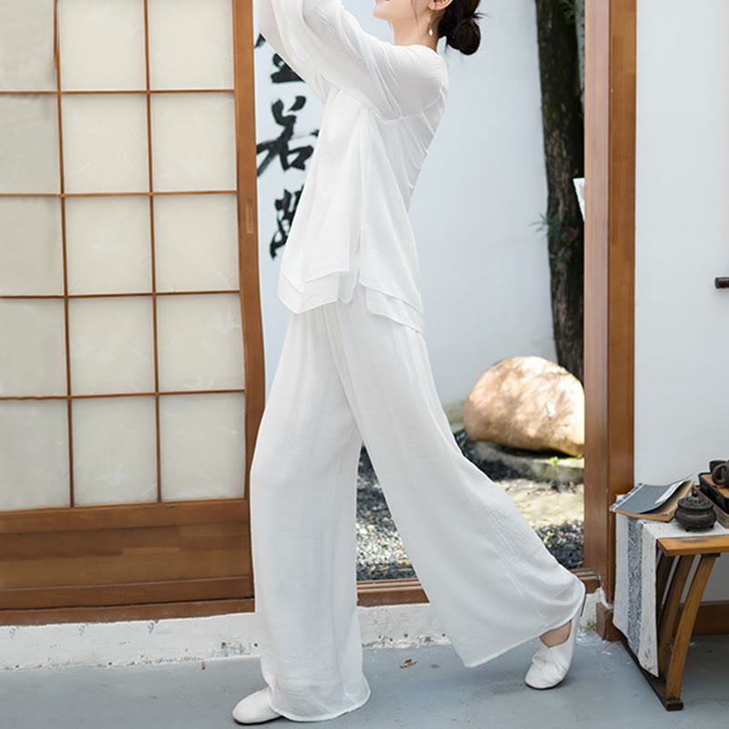 Nimara Ritual 2Pcs White Long Sleeve V-Neck Shirt Wide Leg Pants Meditation Women's Set