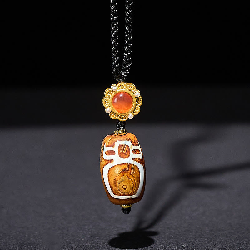 Nimara Ritual Tibetan Agate Carved God of Wealth Nine-eye Dzi Bead Blessing Necklace Pendant