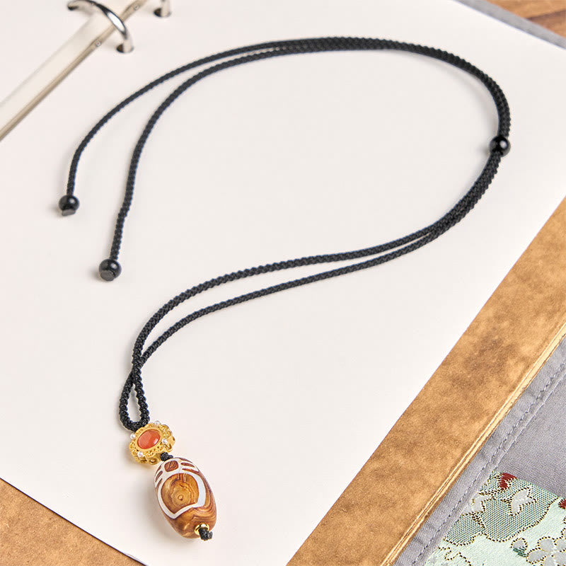 Nimara Ritual Tibetan Agate Carved God of Wealth Nine-eye Dzi Bead Blessing Necklace Pendant