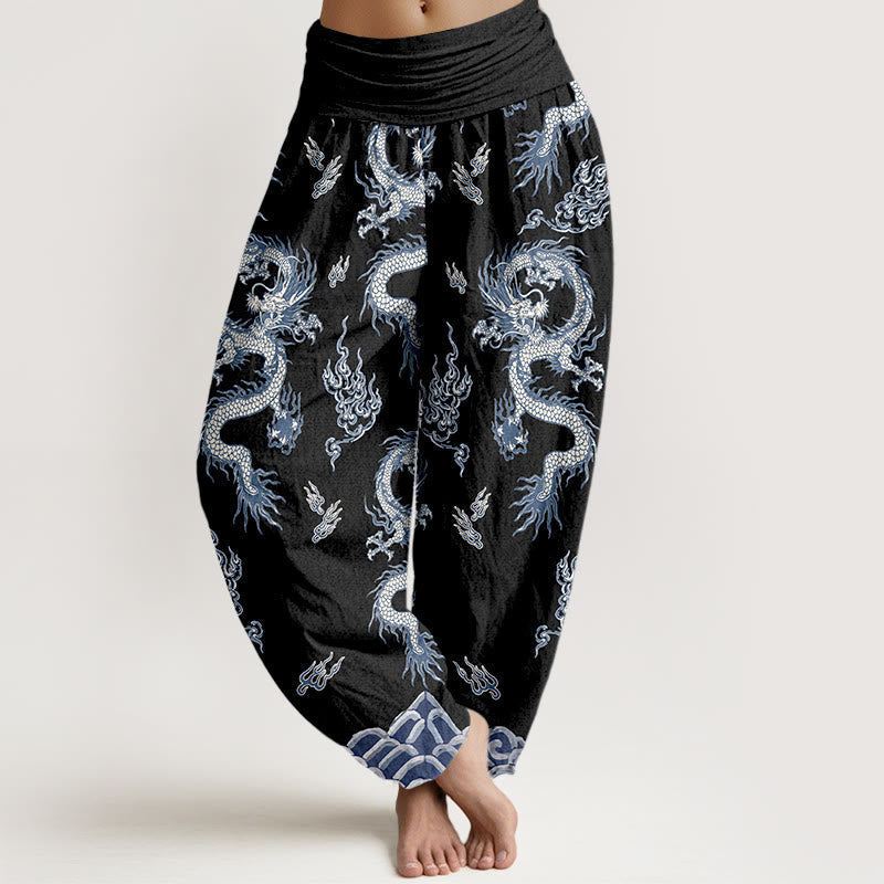 Nimara Ritual Pure Cotton Dragon And Cloud Pattern Women's Elastic Waist Harem Pants