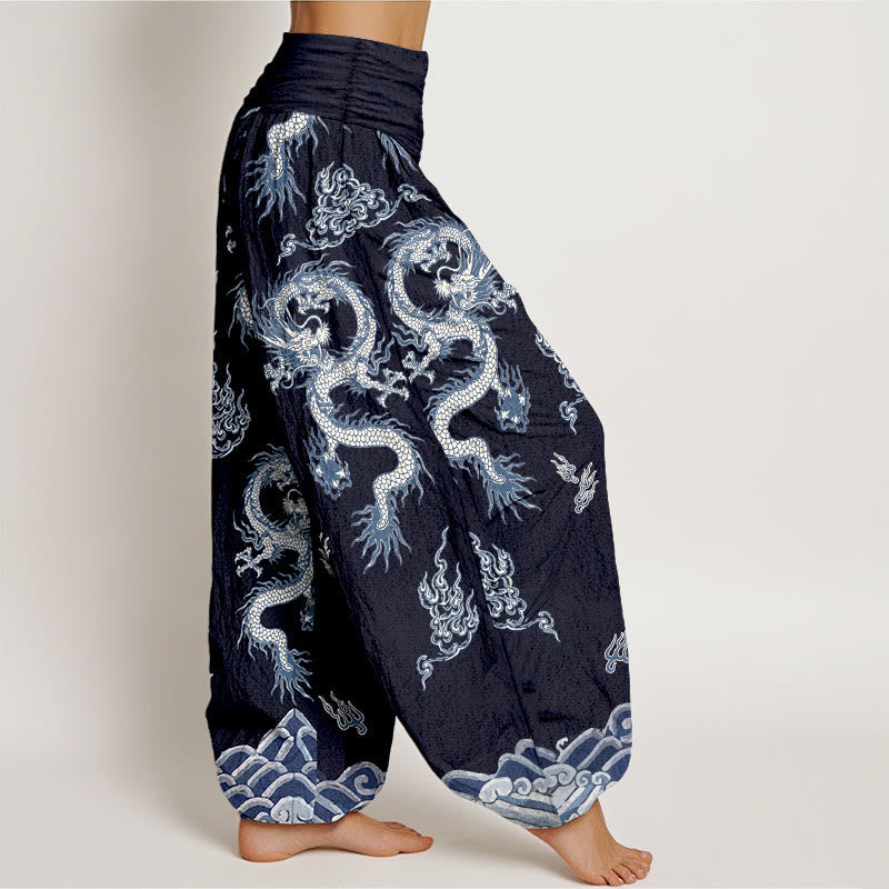 Nimara Ritual Pure Cotton Dragon And Cloud Pattern Women's Elastic Waist Harem Pants