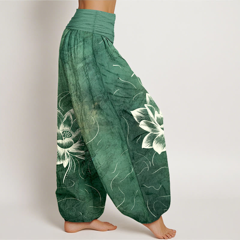 Nimara Ritual Pure Cotton Lotus Flower Pattern Women's Elastic Waist Harem Pants