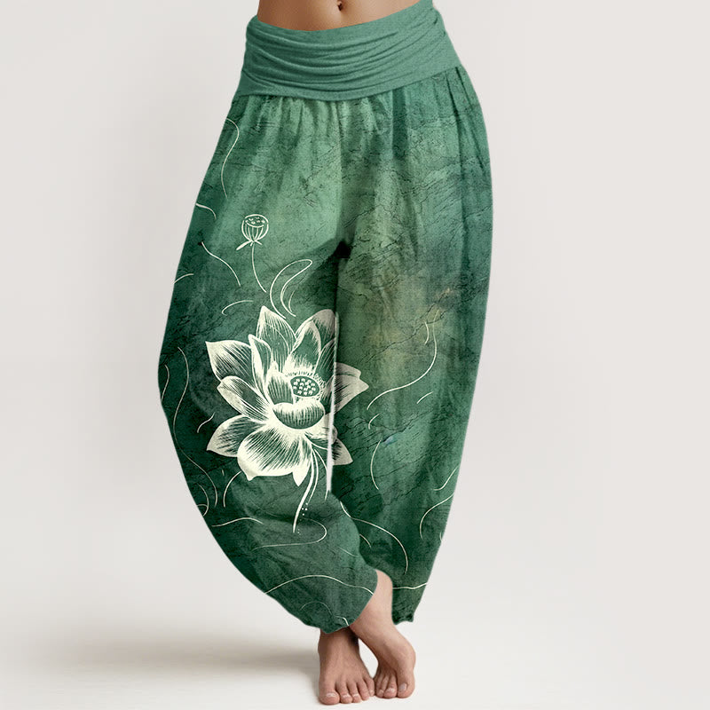 Nimara Ritual Pure Cotton Lotus Flower Pattern Women's Elastic Waist Harem Pants