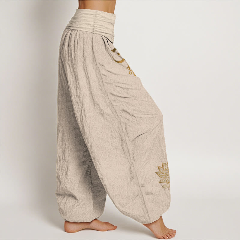 Nimara Ritual Om Dhi Symbols Lotus Buddha's Hand Pattern Women's Elastic Waist Harem Cotton Pants