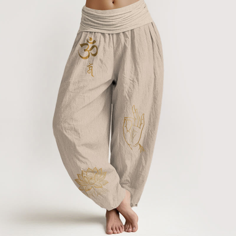 Nimara Ritual Om Dhi Symbols Lotus Buddha's Hand Pattern Women's Elastic Waist Harem Cotton Pants
