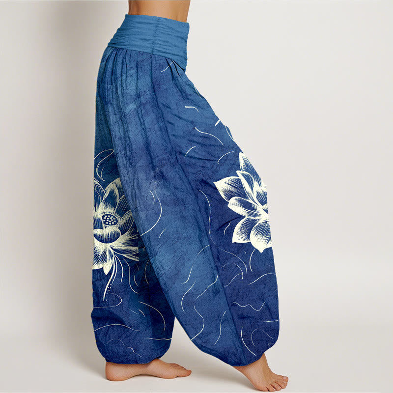 Nimara Ritual Pure Cotton Lotus Flower Pattern Women's Elastic Waist Harem Pants