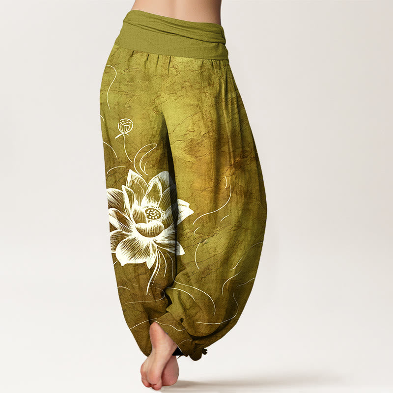 Nimara Ritual Pure Cotton Lotus Flower Pattern Women's Elastic Waist Harem Pants