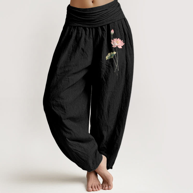 Nimara Ritual Pink Lotus Flower Lotus Leaves Pattern Women's Elastic Waist Harem Pure Cotton Pants
