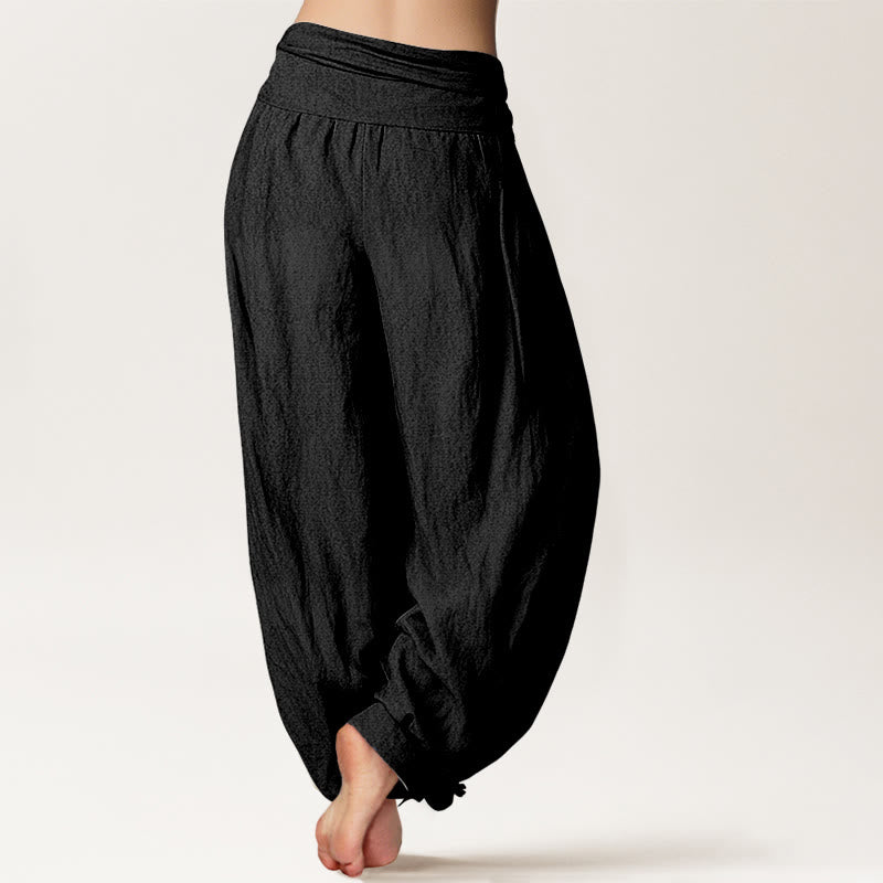 Nimara Ritual Pink Lotus Flower Lotus Leaves Pattern Women's Elastic Waist Harem Pure Cotton Pants