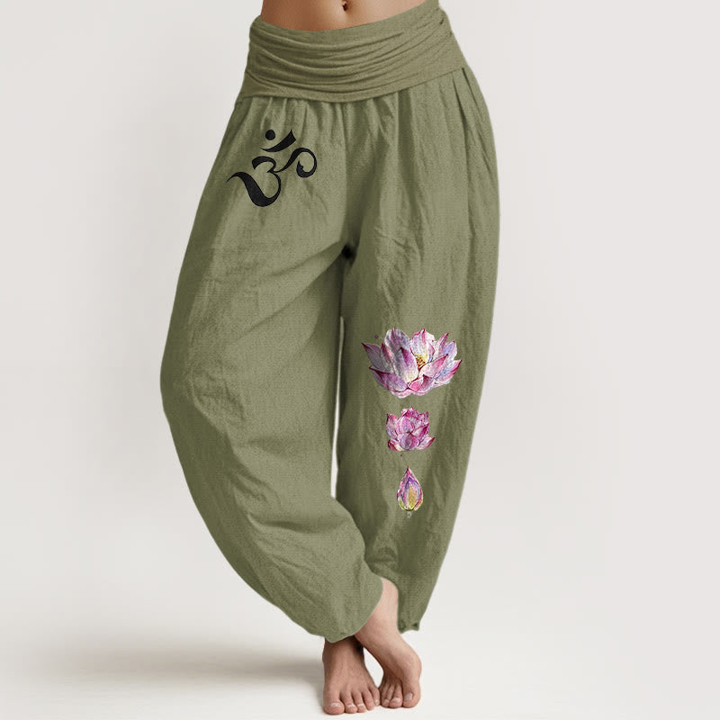 Nimara Ritual Blooming Lotus Om Symbol Pattern Women's Elastic Waist Harem Pure Cotton Pants