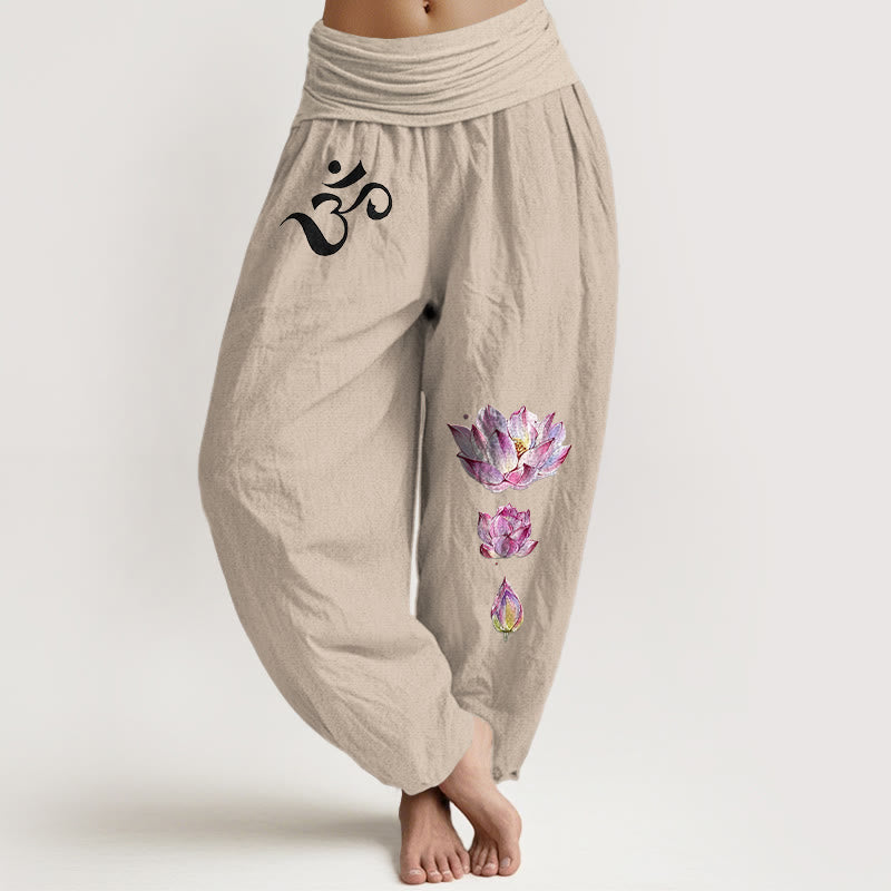 Nimara Ritual Blooming Lotus Om Symbol Pattern Women's Elastic Waist Harem Pure Cotton Pants