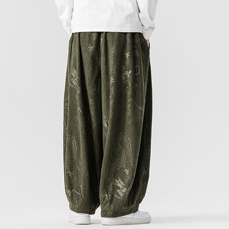Nimara Ritual Winter Dragon Phoenix Pattern Cotton Corduroy Men's Harem Pants With Pockets