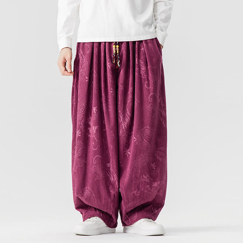Nimara Ritual Winter Dragon Phoenix Pattern Cotton Corduroy Men's Harem Pants With Pockets