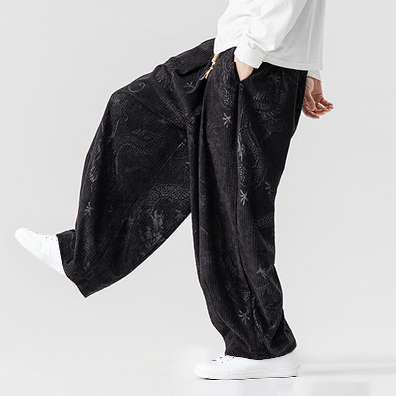 Nimara Ritual Winter Dragon Phoenix Pattern Cotton Corduroy Men's Harem Pants With Pockets