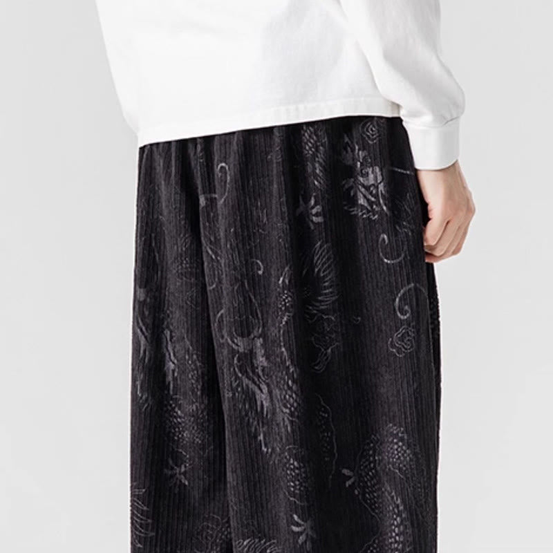 Nimara Ritual Winter Dragon Phoenix Pattern Cotton Corduroy Men's Harem Pants With Pockets