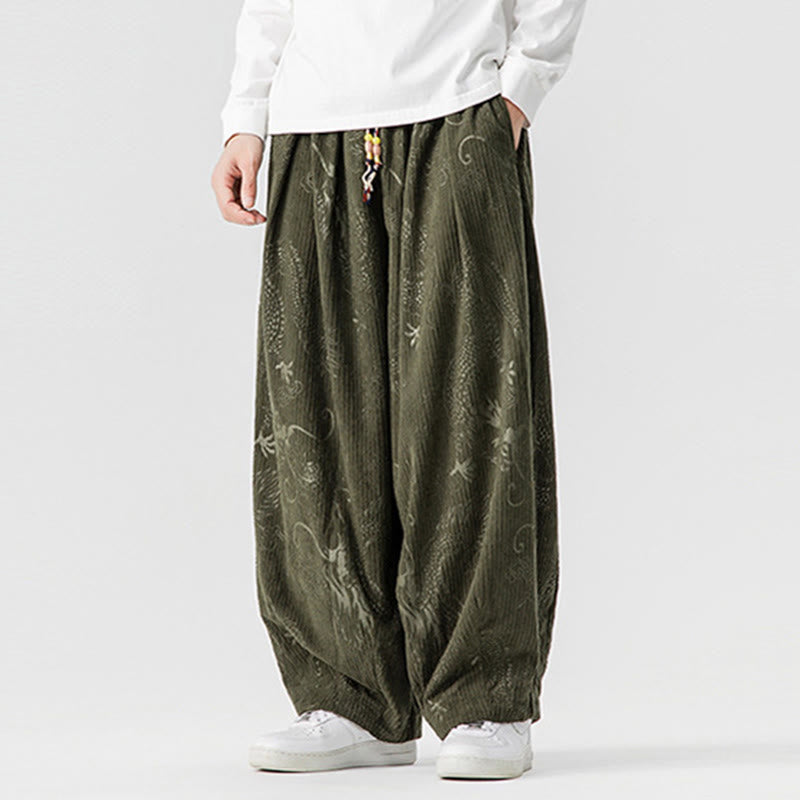 Nimara Ritual Winter Dragon Phoenix Pattern Cotton Corduroy Men's Harem Pants With Pockets