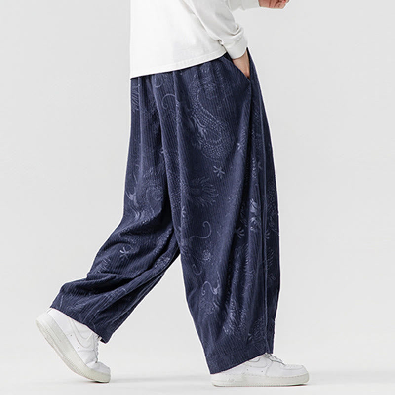 Nimara Ritual Winter Dragon Phoenix Pattern Cotton Corduroy Men's Harem Pants With Pockets