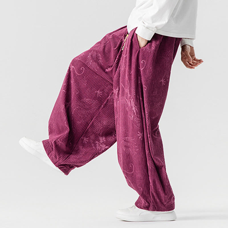 Nimara Ritual Winter Dragon Phoenix Pattern Cotton Corduroy Men's Harem Pants With Pockets