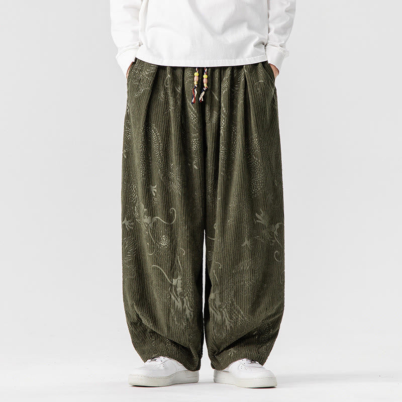 Nimara Ritual Winter Dragon Phoenix Pattern Cotton Corduroy Men's Harem Pants With Pockets