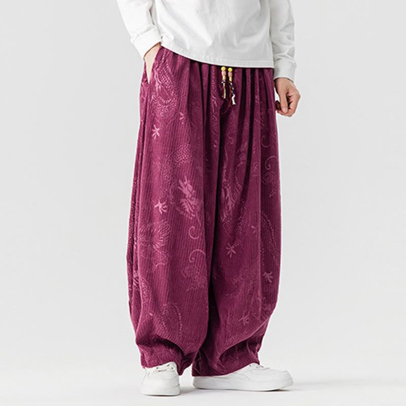 Nimara Ritual Winter Dragon Phoenix Pattern Cotton Corduroy Men's Harem Pants With Pockets