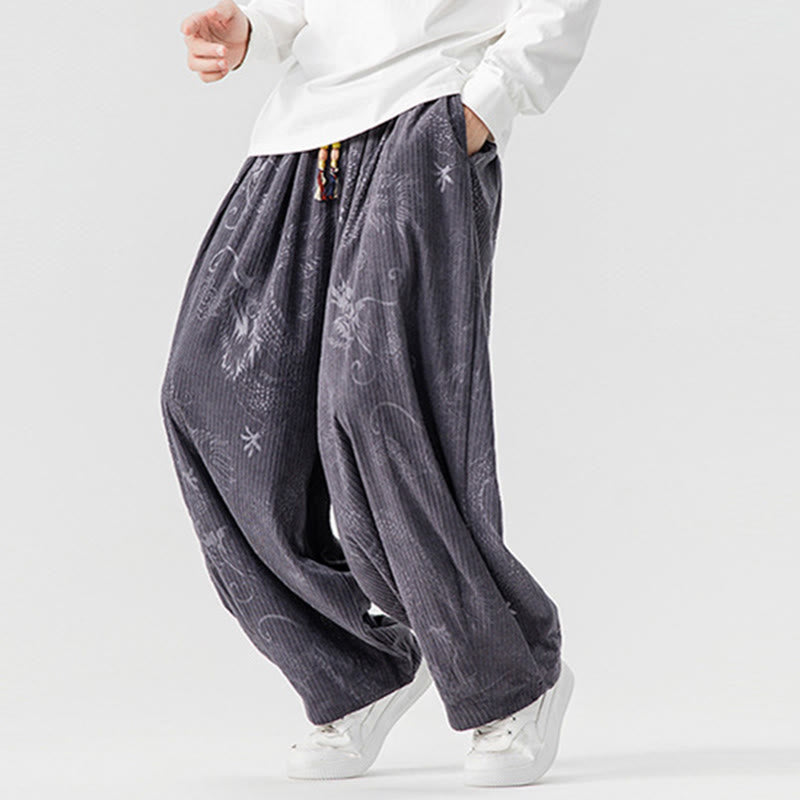 Nimara Ritual Winter Dragon Phoenix Pattern Cotton Corduroy Men's Harem Pants With Pockets