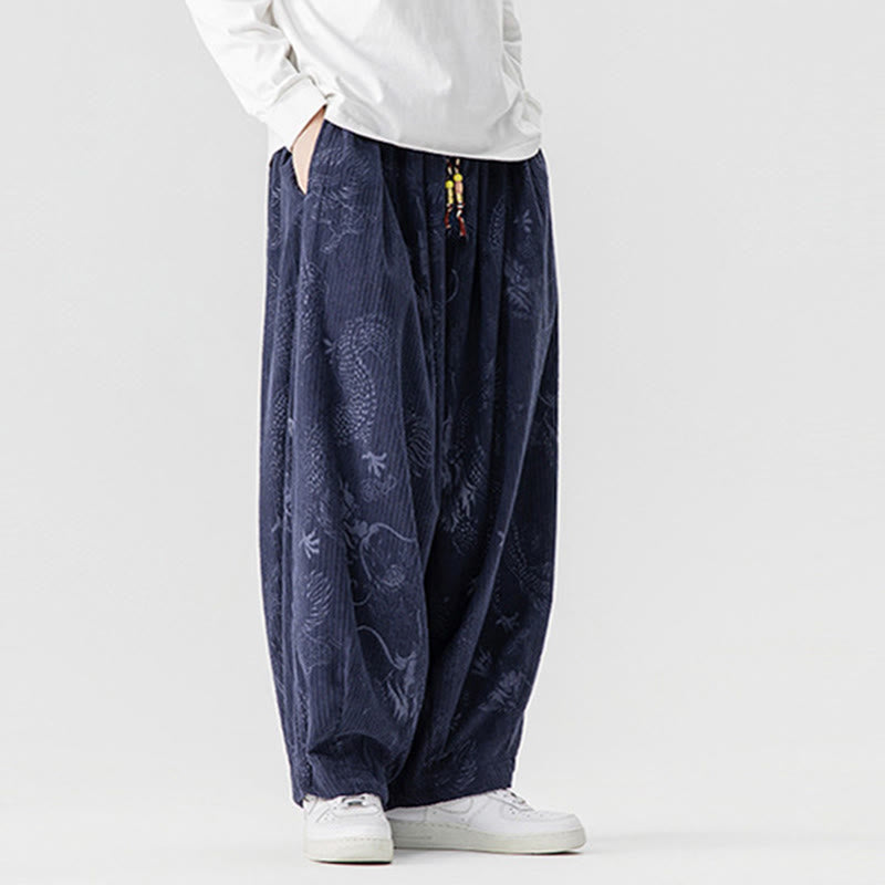 Nimara Ritual Winter Dragon Phoenix Pattern Cotton Corduroy Men's Harem Pants With Pockets