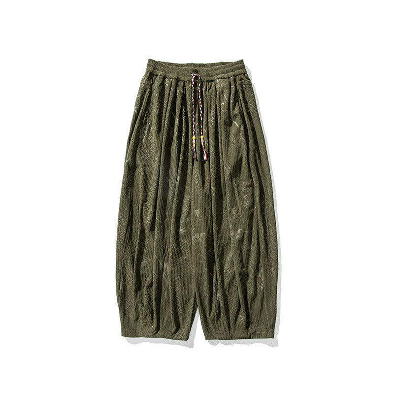 Nimara Ritual Winter Dragon Phoenix Pattern Cotton Corduroy Men's Harem Pants With Pockets