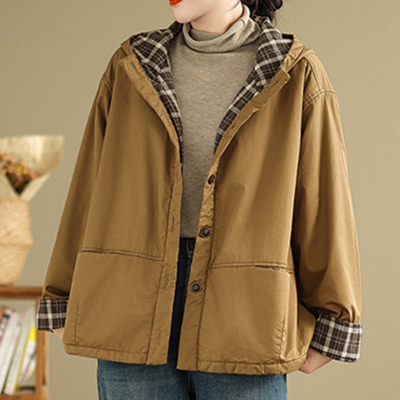 Nimara Ritual Plaid Hoodie Pattern Women's Long Sleeve Cotton Thickened Jacket With Pockets