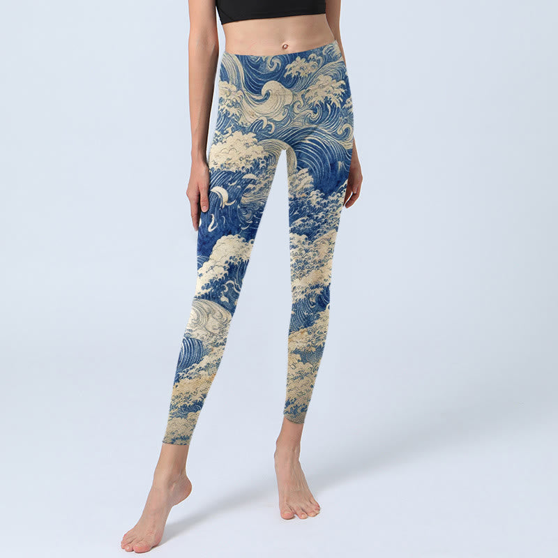 Nimara Ritual Ocean Waves Pattern Print Gym Leggings Women's Yoga Pants
