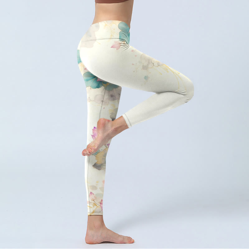 Nimara Ritual Lotus Petals Leaves Pattern Print Gym Leggings Women's Yoga Pants