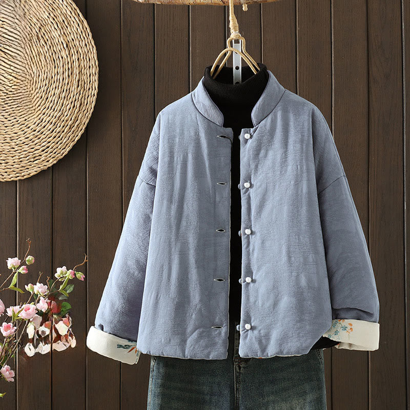Nimara Ritual Frog-button Solid Color Pattern Women's Long Sleeve Cotton Thick Jacket With Floral Cuffs