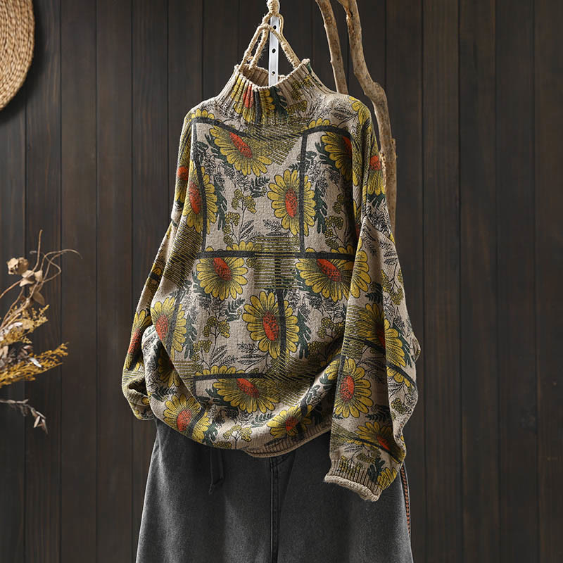 Nimara Ritual Sunflower Pattern Mock Neck Long Sleeve Women's Cotton Sweater