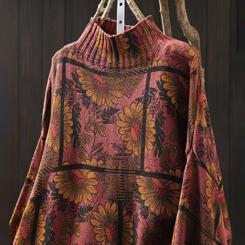 Nimara Ritual Sunflower Pattern Mock Neck Long Sleeve Women's Cotton Sweater