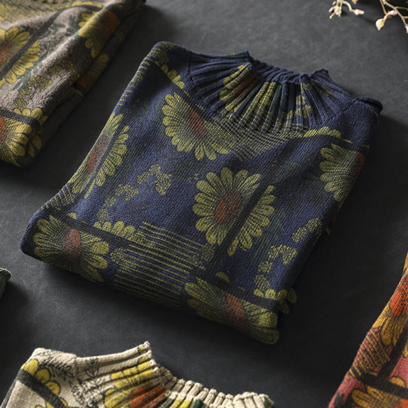 Nimara Ritual Sunflower Pattern Mock Neck Long Sleeve Women's Cotton Sweater