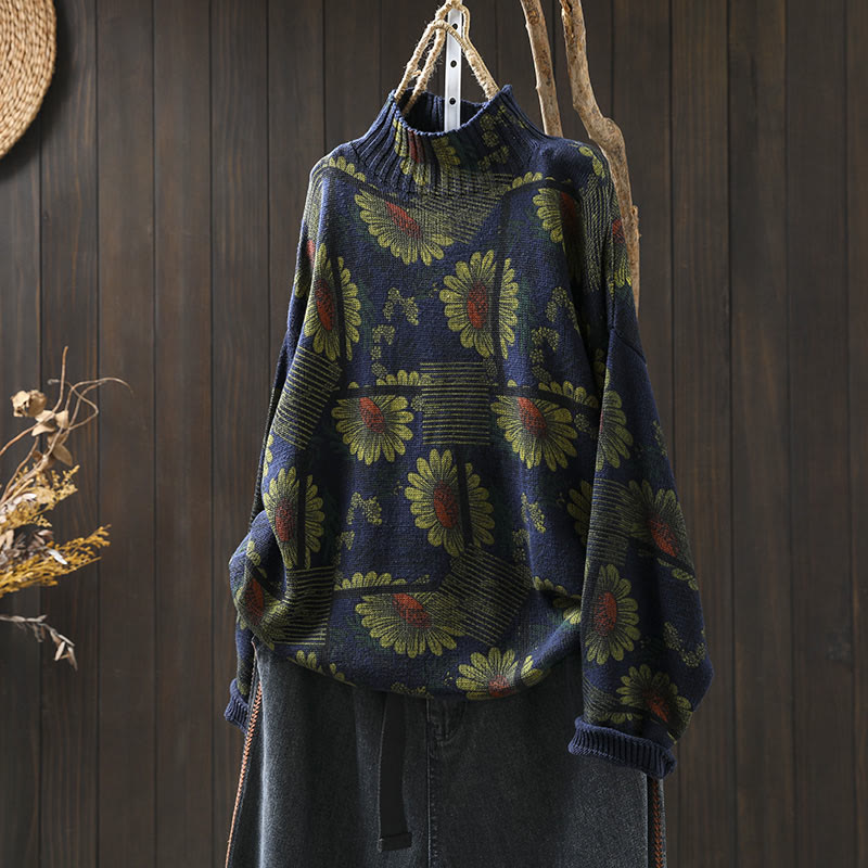 Nimara Ritual Sunflower Pattern Mock Neck Long Sleeve Women's Cotton Sweater