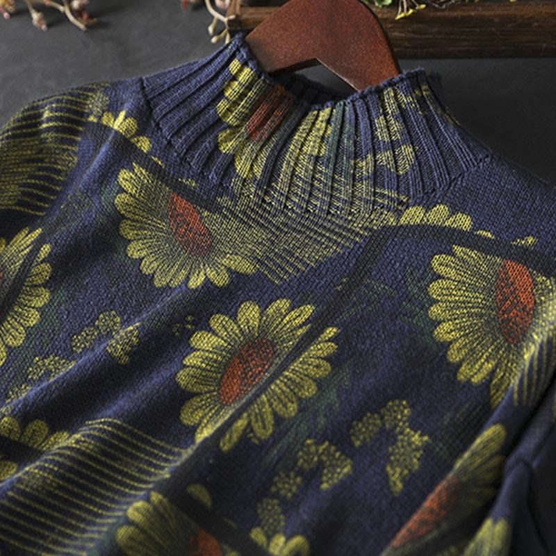 Nimara Ritual Sunflower Pattern Mock Neck Long Sleeve Women's Cotton Sweater