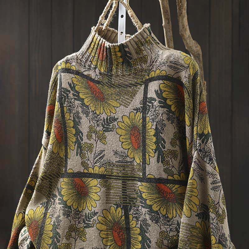 Nimara Ritual Sunflower Pattern Mock Neck Long Sleeve Women's Cotton Sweater