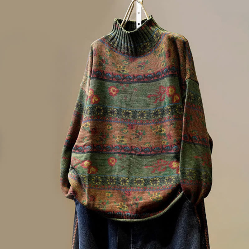 Nimara Ritual Winter Color-block Flower Pattern Mock Neck Long Sleeve Women's Cotton Sweater