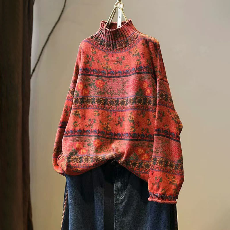 Nimara Ritual Winter Color-block Flower Pattern Mock Neck Long Sleeve Women's Cotton Sweater