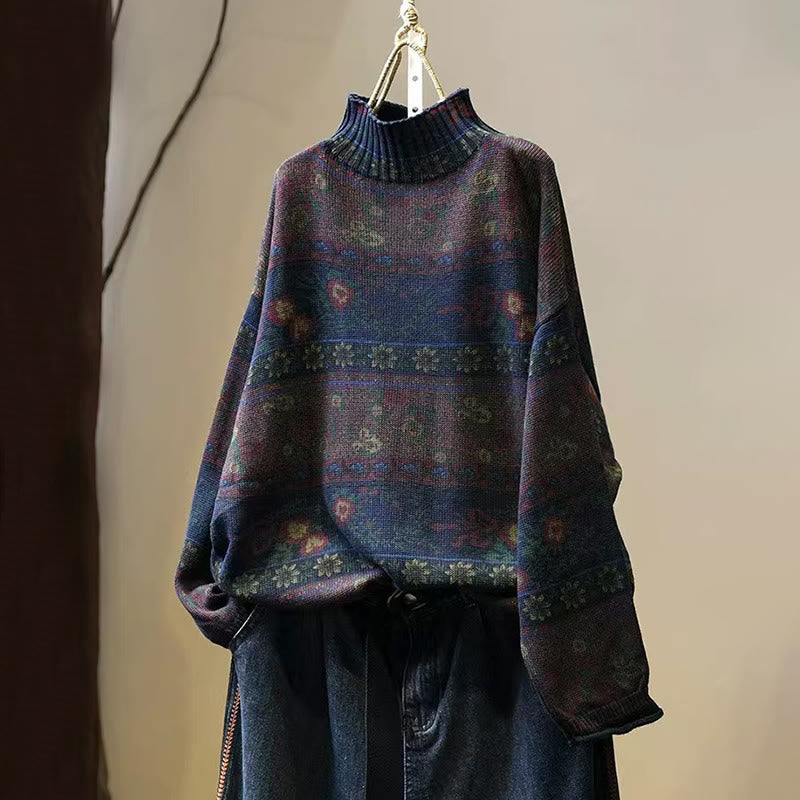 Nimara Ritual Winter Color-block Flower Pattern Mock Neck Long Sleeve Women's Cotton Sweater