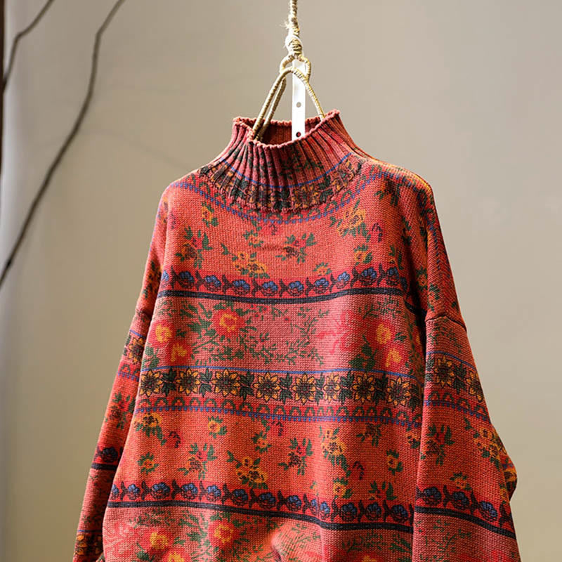Nimara Ritual Winter Color-block Flower Pattern Mock Neck Long Sleeve Women's Cotton Sweater