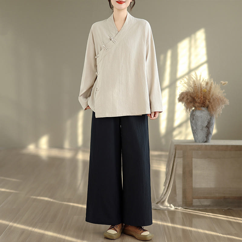 Nimara Ritual 2Pcs V-Neck Long Sleeve Shirt Wide Leg Pants Zen Meditation Women's Set